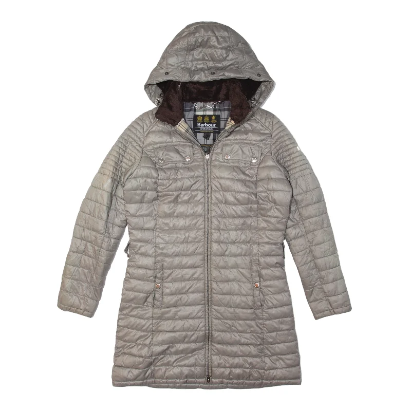 Overstock cold weather coatBARBOUR International Endo Baffle Fibre Down Black Streak Quilted Coat Grey Womens UK 10 Overstock cold weather coatBARBOUR International Endo Baffle Fibre Down Black Streak Quilted Coat Grey Womens UK 10