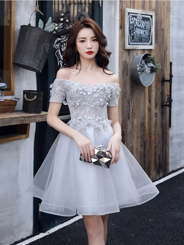 Savings Alert tiered dresstiered dressOff Shoulder Short Grey Lace Prom Dresses, Grey Lace Formal Graduation Homecoming Dresses