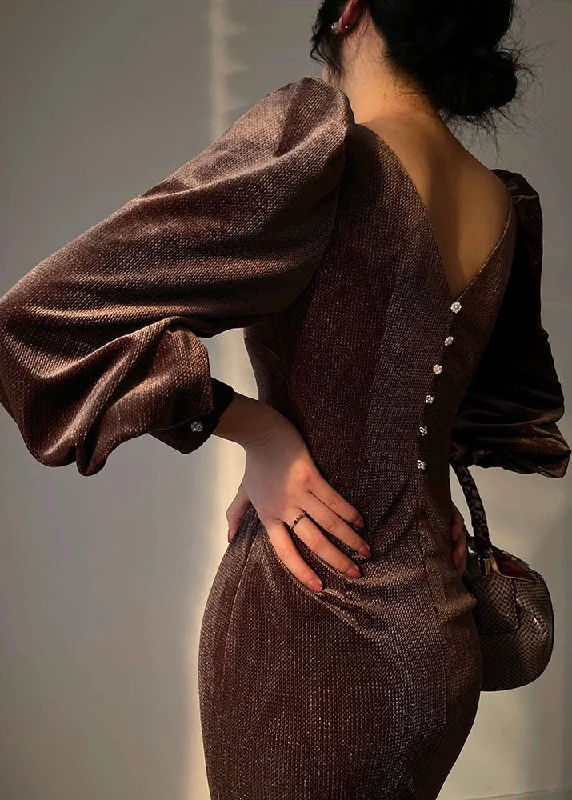 Clearance Items wrap-around dresswrap-around dressWomen Brown V Neck Button Wraped Silk Velour Dresses Vestidos Long Sleeve