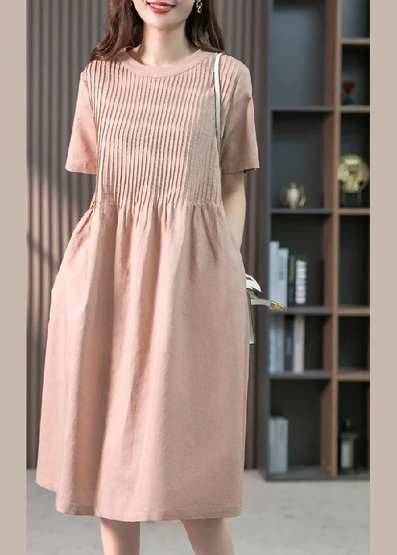 Take Advantage elegant evening dresselegant evening dressPink O-Neck Pockets Linen Long Dress Short Sleeve