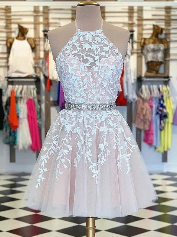 Referral Discount elegant shift dresselegant shift dressA Line Halter Neck Short Pink Lace Prom Dresses with Belt, Pink Lace Formal Graduation Homecoming Dresses