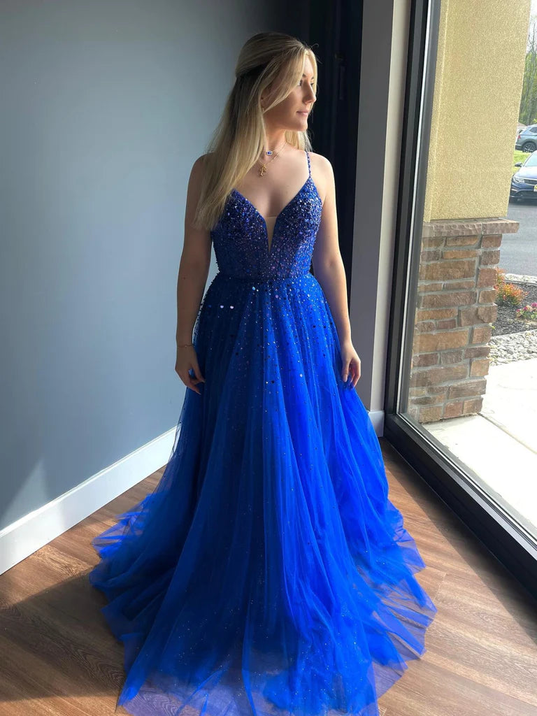 Price Rollback lace-up dresslace-up dressWholesale V Neck Open Back Beaded Blue Prom Dresses