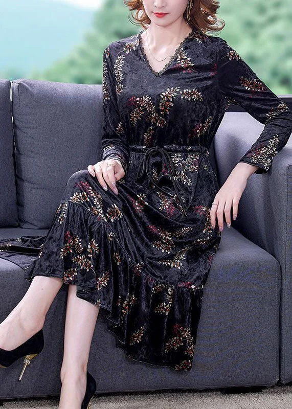 long-sleeve floral dressClassy Black V Neck Patchwork Ruffles Print Silk Velour Cinched Dresses Spring