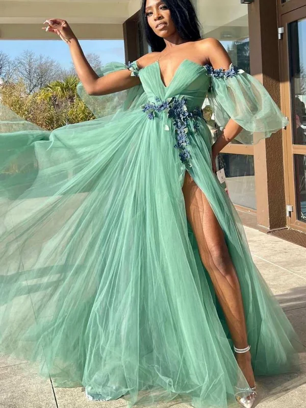 Mega Deal casual knit dresscasual knit dressOff Shoulder V Neck Green Tulle Floral Long Prom Dresses with High Slit, Long Green Formal Graduation Evening Dresses SP2640