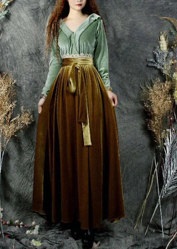 Exclusive Online Offer puff sleeve dresspuff sleeve dressOrganic Green V Neck Lace Patchwork Silk Velour Cinch Dress Spring