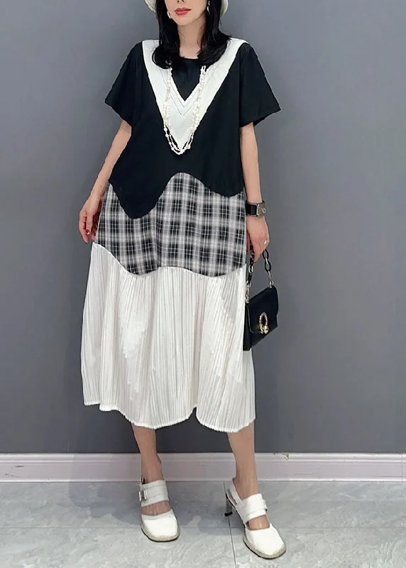 Overstock Sale sleek dresssleek dressNatural Black O Neck Wrinkled Patchwork Cotton Dresses Summer