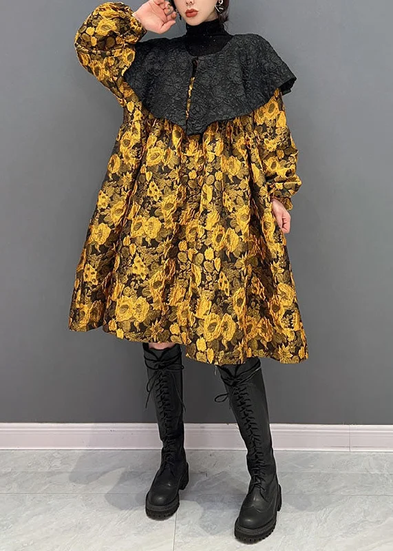 Limited Time wool dresswool dressOriginal Design Yellow Turn-down Collar Jacquard Silk Dresses Spring