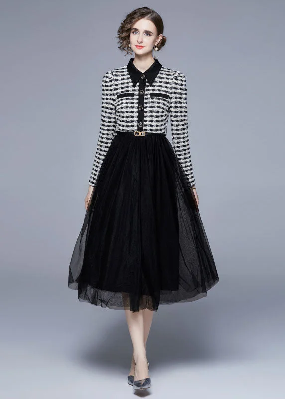 party dressWomen Black Peter Pan Collar Patchwork Tulle Cinch Dress Spring