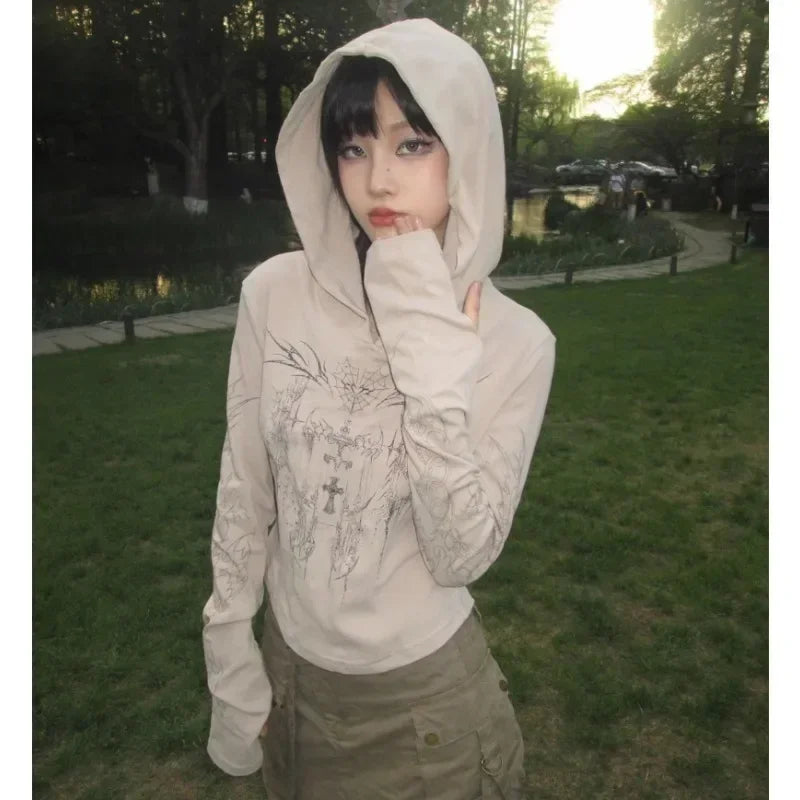 Huge Savings Lunivop Korean Tattoo Printed Sexy Slim Long-sleeved T-shirt Women Spring New High Street Fashion All Match Hooded Crop Tops