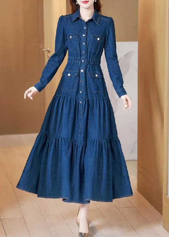 casual evening dressBeautiful Denim Blue Peter Pan Collar Patchwork Wrinkled Tunic Button Cotton Maxi Dresses Long Sleeve