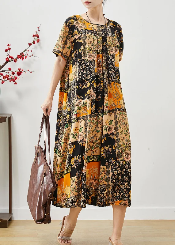 flowy evening dressArt Yellow Oversized Print Silk Holiday Dress Summer