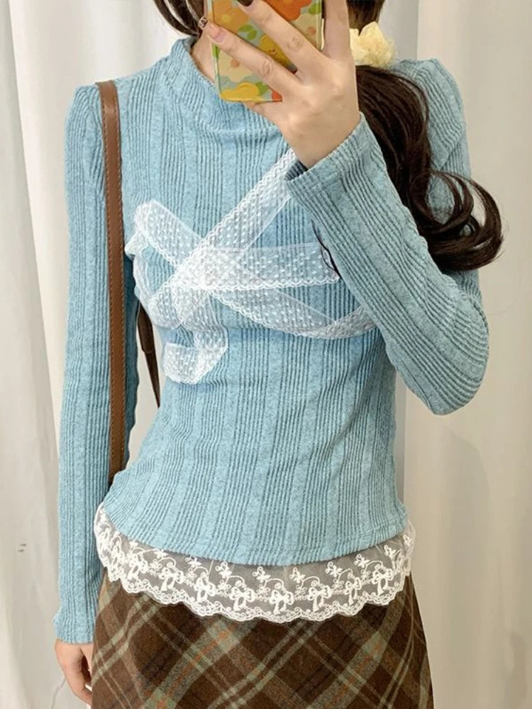 Price Rollback Lunivop Korean Style Y2k Knitted Pullover Women Bow Lace Long Sleeve Sweaters Harajuku Vintage Patchwork Knitwear Pullovers