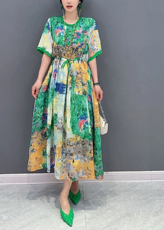 Instant Discount casual summer dresscasual summer dressFine Green Cinched Print Chiffon Vacation Dresses Summer