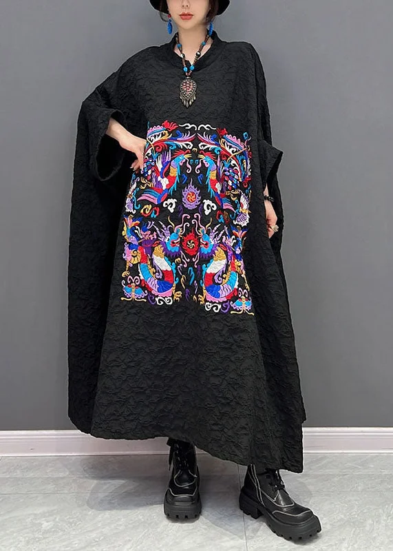 shift dressFrench Black printing Wrinkled Dresses Gown Batwing Sleeve