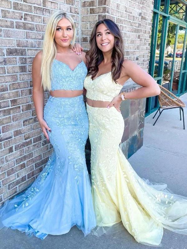 Bargain Bin fitted dressfitted dressMermaid Two Pieces Light Blue/Yellow Lace Long Prom Dresses, Mermaid Light Blue/Yellow Lace Formal Dresses, Light Blue/ Yellow Evening Dresses SP2217