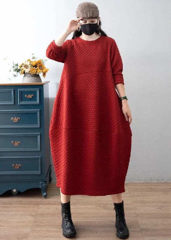 layered dressBoho Red O-Neck Patchwork Plaid Warm Fleece Dress Winter