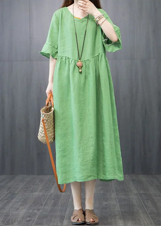 Online Exclusive fitted bodycon dressfitted bodycon dressBoutique Green V Neck Patchwork Linen Robe Dresses Butterfly Sleeve