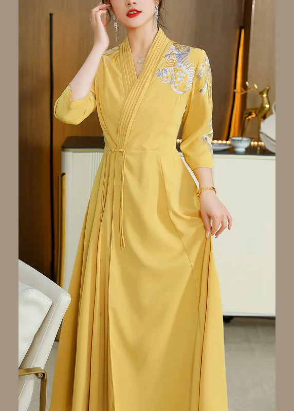 Closeout oversized dressoversized dressSexy Yellow V Neck Embroideried Drawstring Satin Long Dresses Fall Closeout oversized dressoversized dressSexy Yellow V Neck Embroideried Drawstring Satin Long Dresses Fall