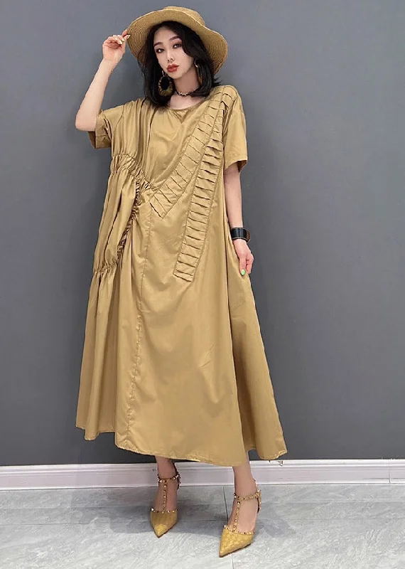 floral wrap dressClassy Khaki O-Neck Asymmetrical Wrinkled Pockets Long Dresses Short Sleeve