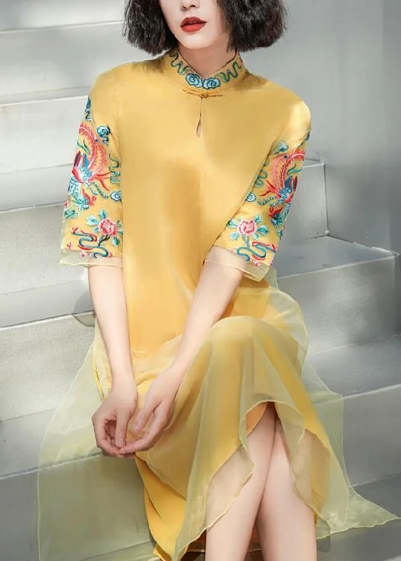 Lowest Prices cocktail dresscocktail dressDIY Yellow Stand Collar Embroideried Button Tulle Silk Dress Long Sleeve Lowest Prices cocktail dresscocktail dressDIY Yellow Stand Collar Embroideried Button Tulle Silk Dress Long Sleeve