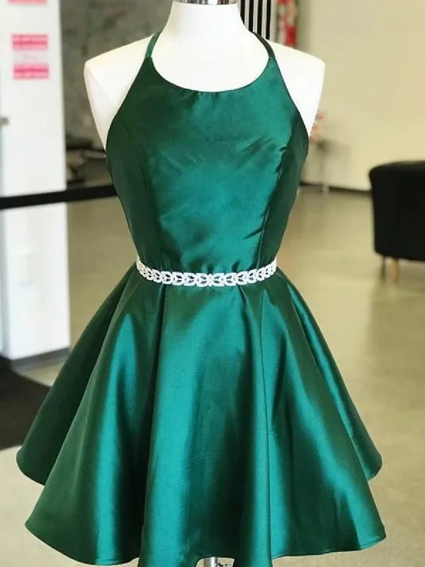 Closeout Sale casual midi dresscasual midi dressHalter Neck Short Emerald Green Prom Dresses with Belt, Short Emerald Green Formal Graduation Homecoming Dresses
