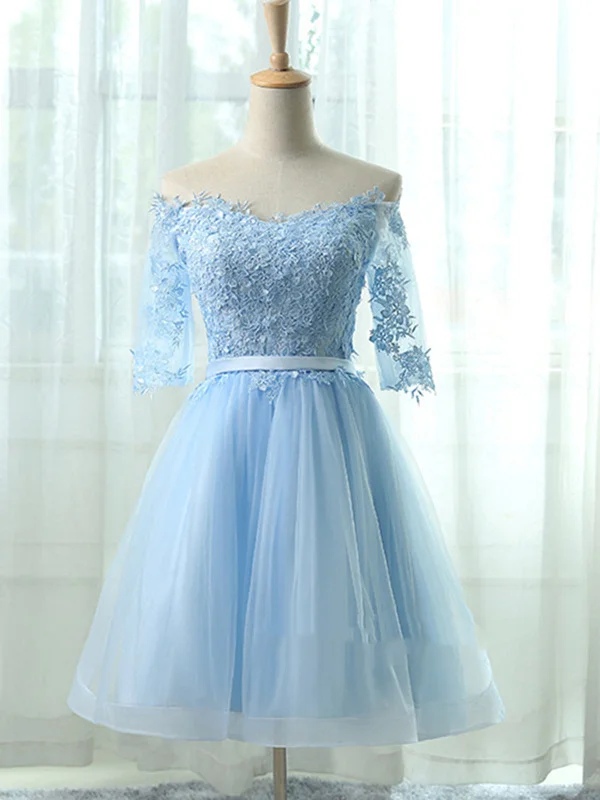 Overstock denim dressdenim dressCute Lace Short Light Blue Prom Dresses, Light Blue Homecoming Dresses, Bridesmaid Dresses