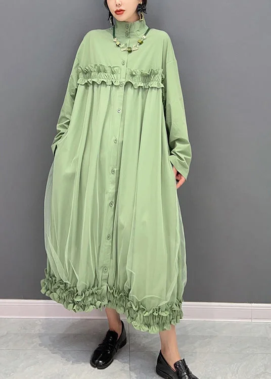 Great Deals printed dressprinted dressElegant Green Stand Collar Ruffled Tulle Patchwork Button Maxi Dress Winter