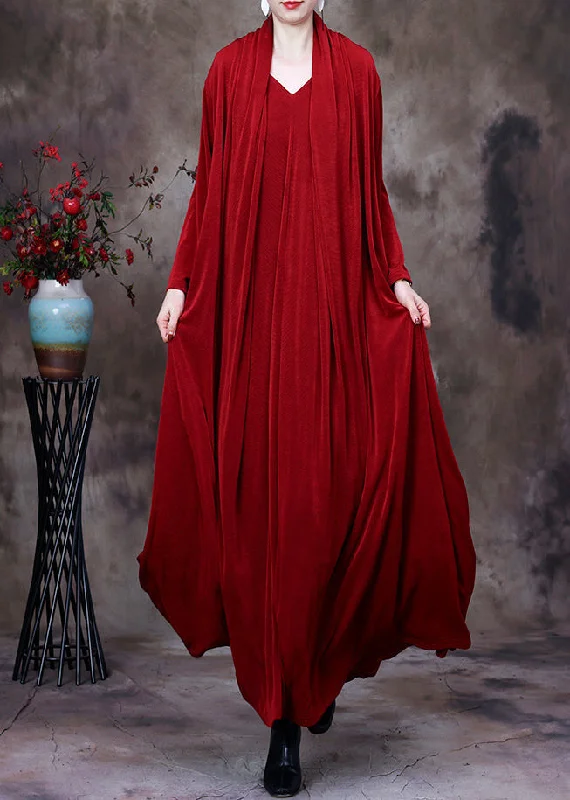 sleek midi dressRed V Neck Fake Two Pieces Silk Long Dresses Long Sleeve