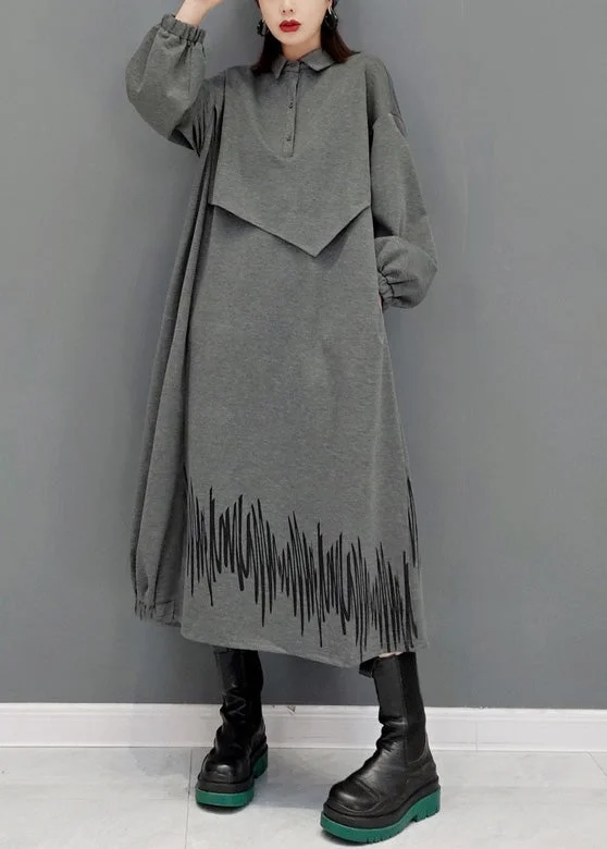 Price Drop flowy evening dressflowy evening dressFrench Grey Peter Pan Collar Patchwork Button Maxi Dresses Long Sleeve