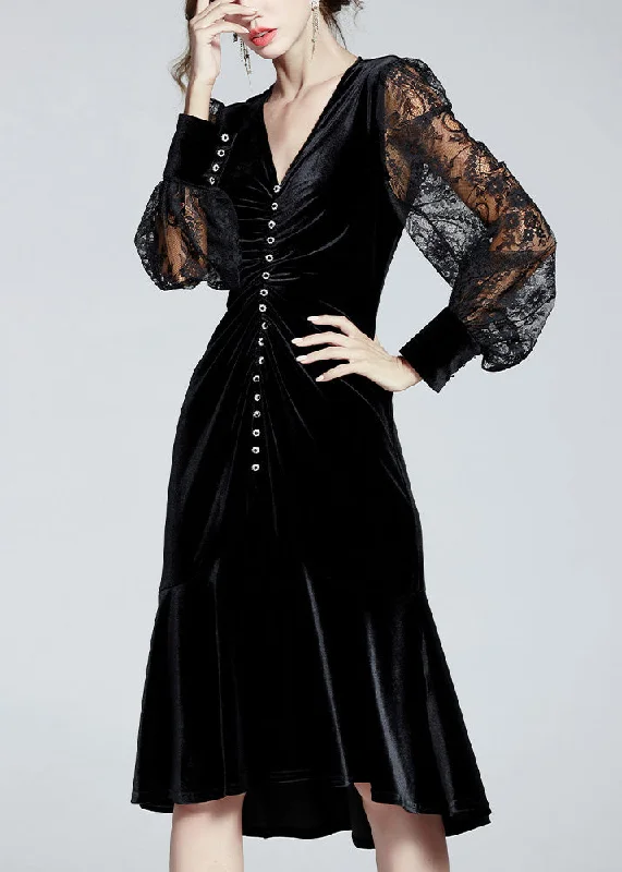 statement dressFine Black V Neck Embroideried Tulle Patchwork Slim Velour Fishtail Dresses Spring