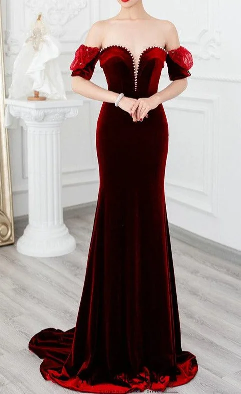 velvet dressFit and Flare Off Shoulder Sleeve Deep Red Velvet Party Dress