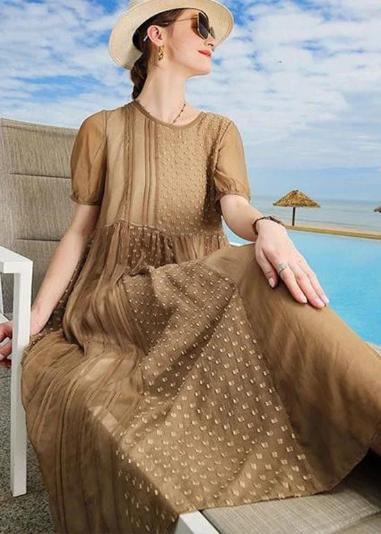 YEAR-End Sale elegant shift dresselegant shift dressHandmade Brown O Neck Patchwork Silk Mid Dress Summer