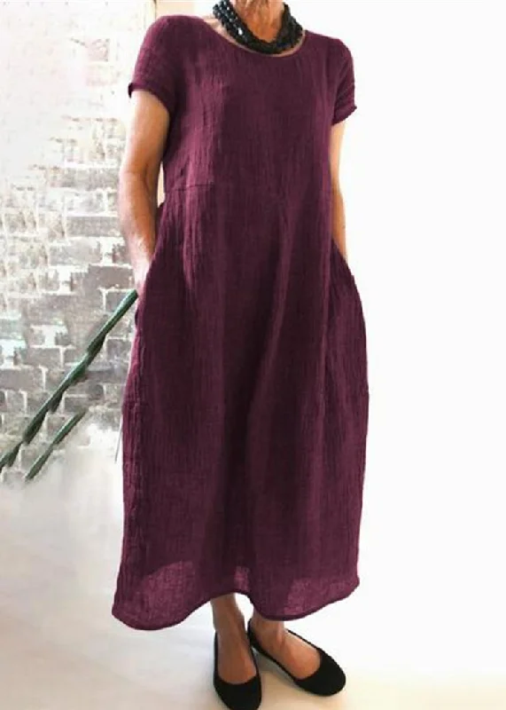 satin dressLoose Wine Red O Neck Pockets Cotton Dress Summer