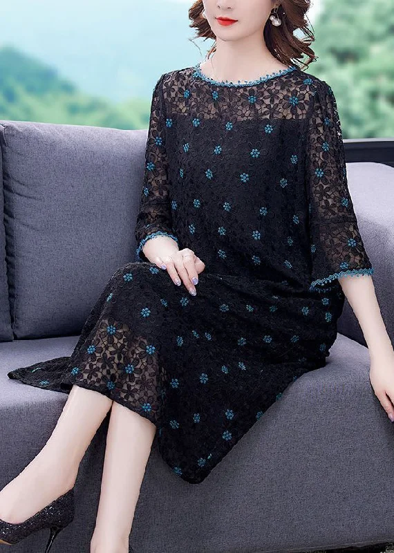 Price Drop playful dressplayful dressHandmade Black Embroideried Hollow Out Silk Maxi Dresses Flare Sleeve