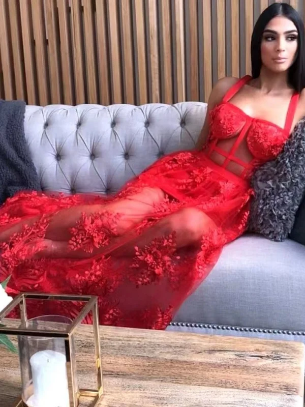 Online Specials boho-chic dressboho-chic dressSexy A Line Red Lace Long Prom Dresses, Red Lace Formal Dresses, Long Red Evening Dresses SP2832