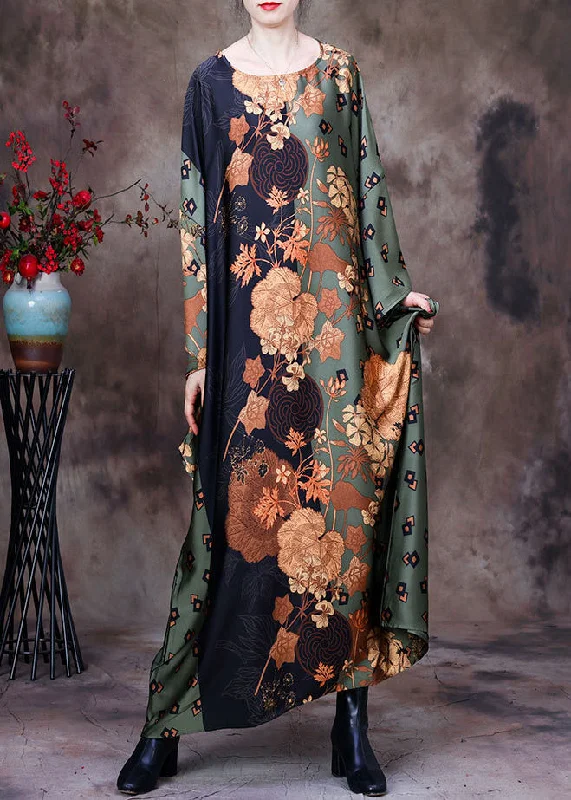 mini dressBohemian Green Print Silk Maxi Dress Batwing Sleeve