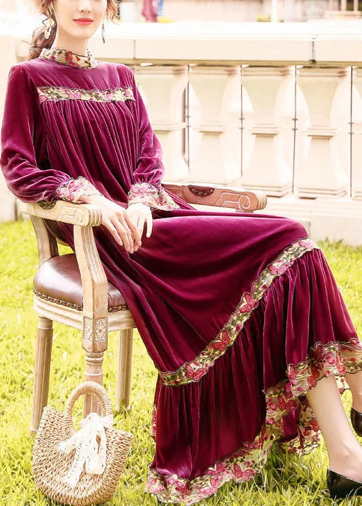 pleated maxi dressStyle Purple Stand Collar Patchwork Embroideried Silk Velour Robe Dresses Spring