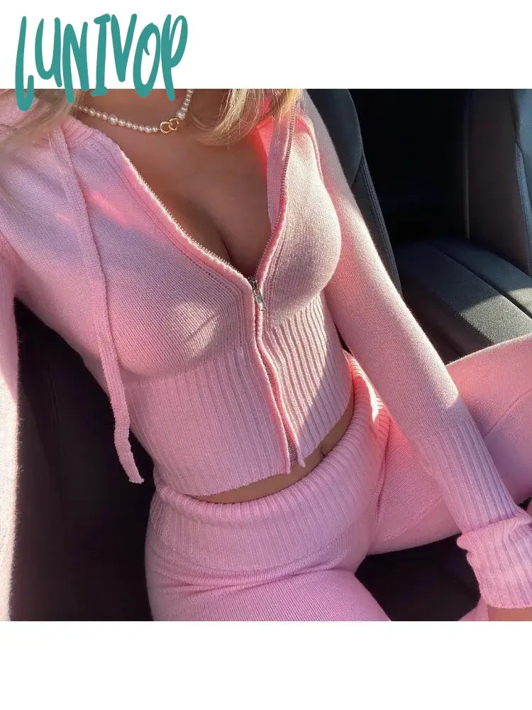 Amazing Deals Lunivop Pant Sets Women's Two-piece Set Y2k Clothing Tracksuit Knit Hooded Suit Fashion High-waisted Long-sleeved Trousers Two-piece Set