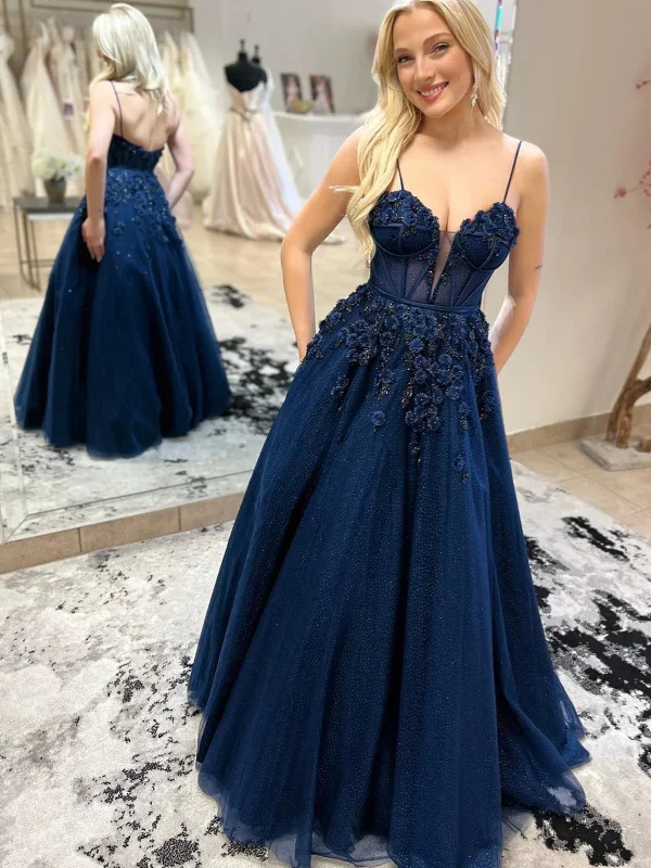 Exclusive Savings long sleeve dresslong sleeve dressA Line V Neck Open Back Navy Blue Floral Long Prom Dresses, Long Navy Blue Formal Evening Dresses with 3D Flowers SP2801