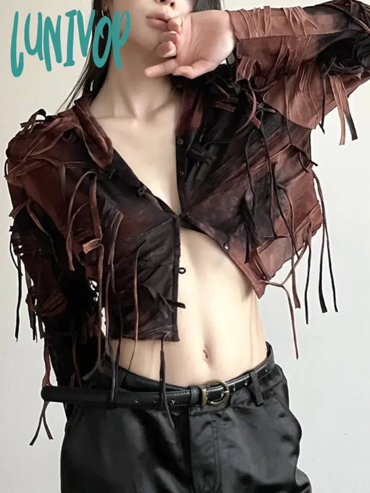 Price Fest Lunivop Sexy Y2k Aesthetic Vintage Tie-dye Jacket Slim Fit Streetwear Harajuku Hooded Jackets Women Tassels Grunge Trendy Crop Tops