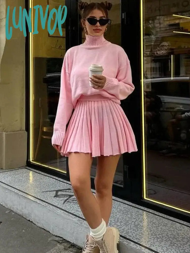 Doorbuster Deal Lunivop Folds Skirt Sets For Women Turtleneck Autumn Winter Knitted Pullover Femme Mini Skirts 2 Piece Sets Womens Outfits
