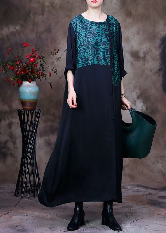 lace dressStylish Green O-Neck Asymmetrical Patchwork Curve Silk Long Dress Long Sleeve