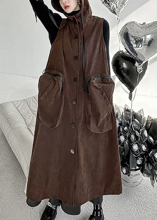Blowout Deals casual evening dresscasual evening dressPlus Size Chocolate Hooded Big Pockets Cotton Long Vest Spring