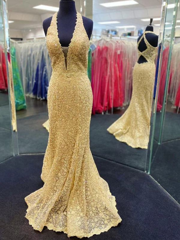 Unbeatable Prices textured dresstextured dressMermaid V Neck Open Back Golden Lace Long Prom Dresses, Mermaid Golden Formal Dresses, Golden Lace Evening Dresses SP2141