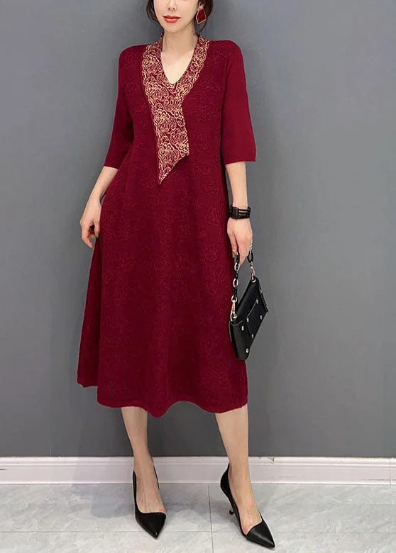 Loyalty Reward sophisticated dresssophisticated dressBeautiful Red V Neck Jacquard Slim Fit Cotton Holiday Dress Half Sleeve