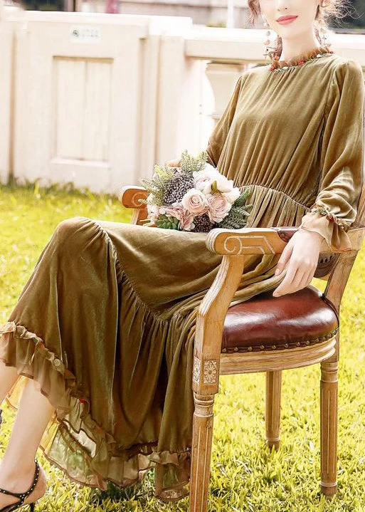 floral dressWomen Khaki Ruffled Patchwork Exra Large Hem Silk Velour Dresses Spring