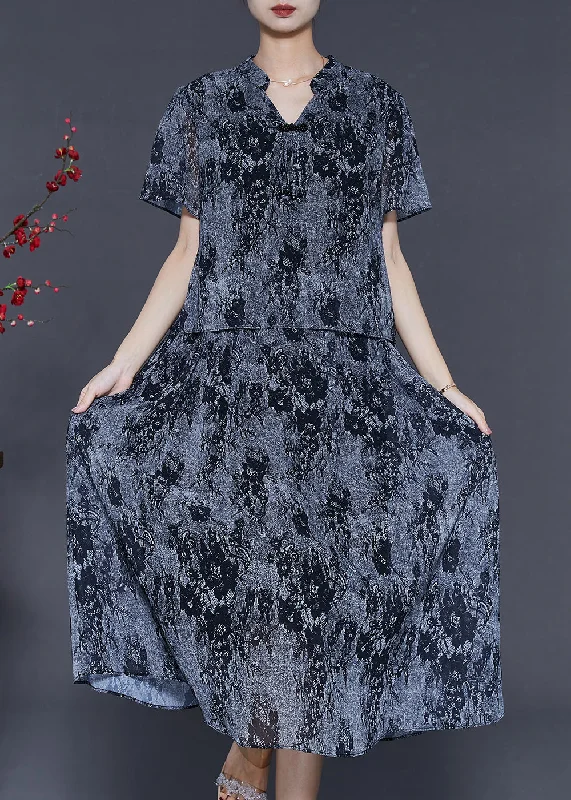 modern dressDIY Grey V Neck Tie Dye Chiffon Dress Summer