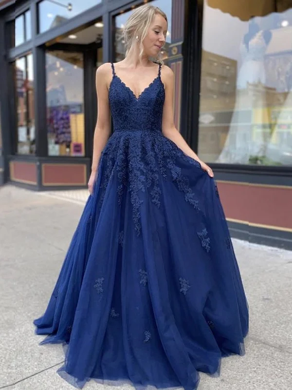Deal of the Week cocktail dresscocktail dressA Line V Neck Backless Navy Blue Lace Prom Dresses 2020, Backless Navy Blue Lace Formal Dresses, Navy Blue Lace Evening Dresses