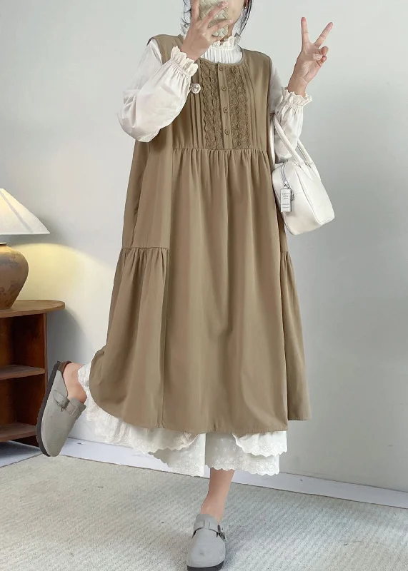 backless dressFrench Khaki O-Neck Lace Patchwork Long Dress Sleeveless