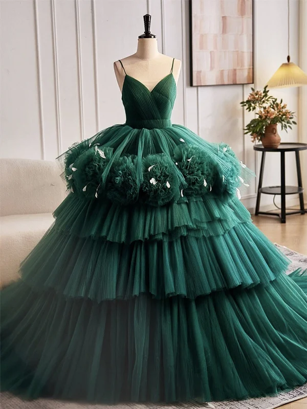 Hot Deal cocktail dresscocktail dressGorgeous Open Back V Neck Layered Green Tulle Long Prom Dresses, V Neck Green Formal Evening Dresses, Green Ball Gown SP2884